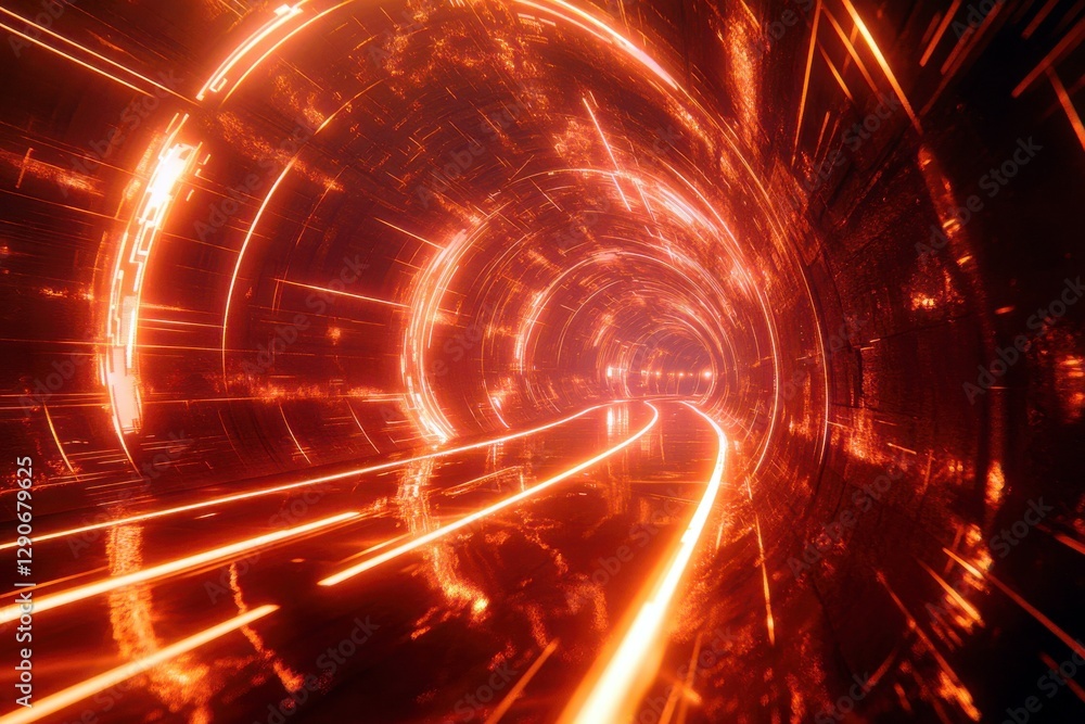 Aufkleber futuristic glowing tunnel with vibrant orange light trails, creating a dynamic and immersive digital
