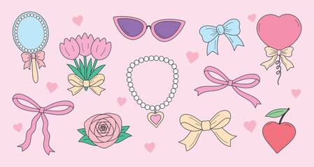 cute fashionable girly or coquette style hand drawn graphic element vector set