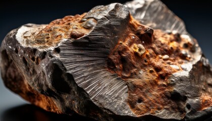 Obraz premium Close-up of a meteorite fragment's polished surface, revealing extraterrestrial minerals and unique textures, highlighting its cosmic origins and otherworldly beauty.