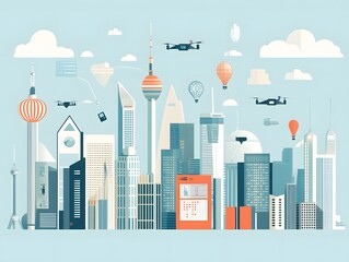 Fototapeta premium Futuristic city skyline featuring drones, hot air balloons, and modern architecture under a clear sky