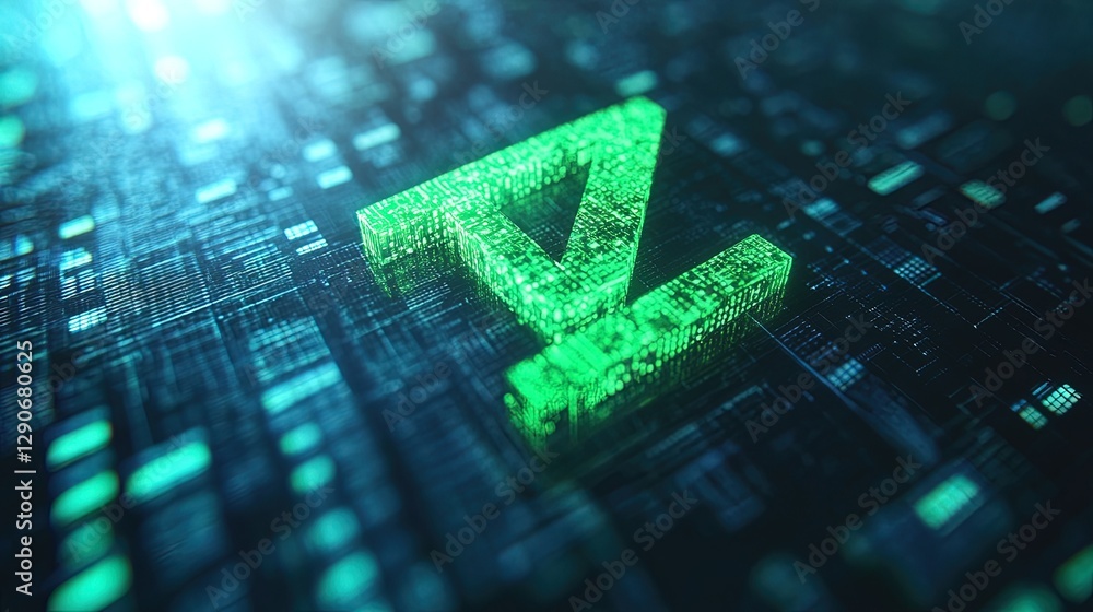 Poster close-up of a green checkmark on a computer screen, symbolizing task completion in a business settin