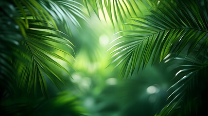 Lush green tropical background with vibrant palm leaves in natural sunlight