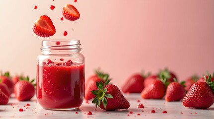 Fresh strawberries surround a jar of strawberry juice on a soft pink background for a festive look.