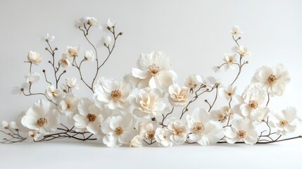 A minimalist floral arrangement with delicate, barely-there flowers in soft pastel hues, set against a white background, creating a subtle and elegant composition.
