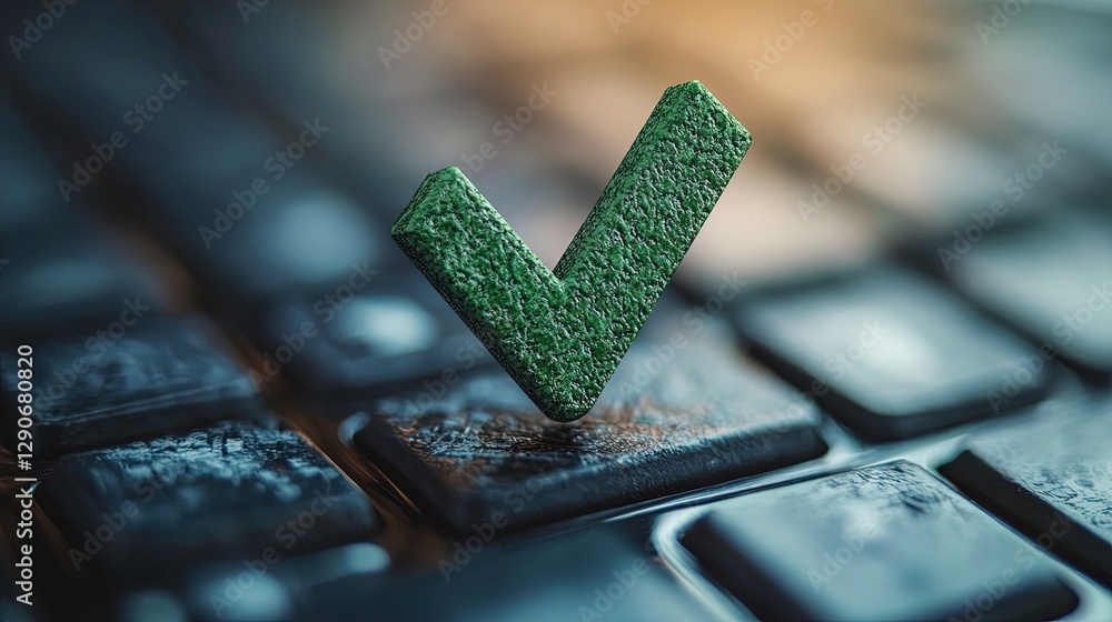 Poster close-up of a green checkmark on a computer screen, symbolizing task completion in a business settin