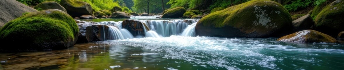 Fototapeta premium Crystal clear water tumbles over moss-covered rocks in mountain stream , upland, river, nature