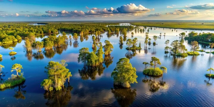 Serene wetlands with towering cypress trees and a vast expanse of water stretching into the horizon, creating a sense of depth and tranquility in the air, cypress trees, aerial view