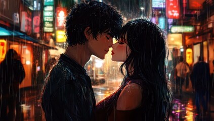 Fototapeta premium Romantic Urban Encounter in Rainy Night with Couple Standing Close Together in an Electric Neon Background