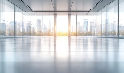 Beautiful blurred background of an empty modern office interior with panoramic windows and glass walls, a large open space for equipment on the floor.