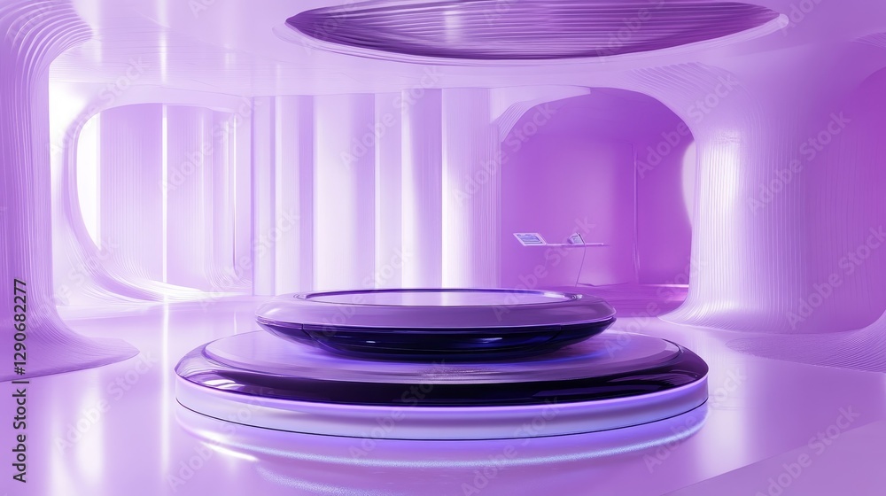 Poster modern stage design with purple lighting creating a futuristic atmosphere for performances and event