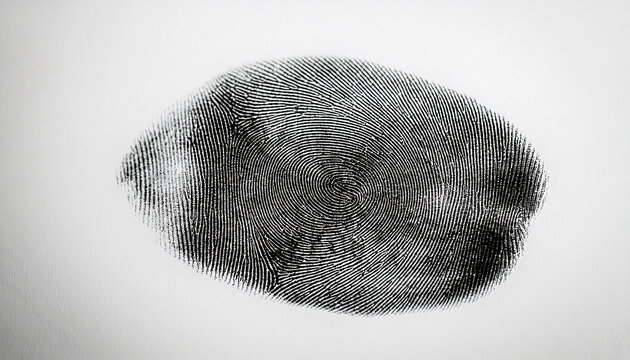 Black fingerprint on white backdrop. Biometric identification for forensic purposes.
