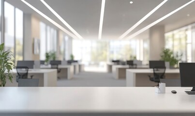 Fototapeta premium Blurred, empty modern office interior with desks and work space, blurred background of an open-plan creative studio for a design or digital marketing company, panoramic banner