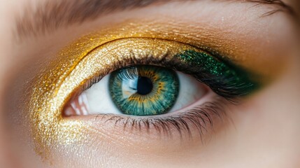 Obraz premium A Close Up Of A Green Eye With Gold And Green Glitter Makeup