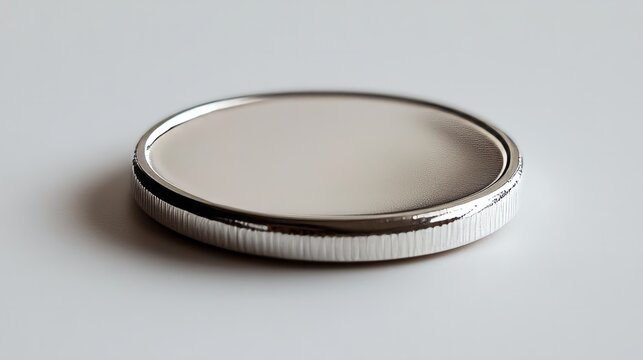 A smooth silver coin, completely unmarked, lying on a clean white background 