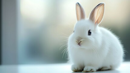 Fluffy Bunny's Peaceful Moment: A charming white bunny rabbit sits serenely, showcasing its soft fur, long ears, and gentle eyes, evoking a sense of tranquility and innocence.