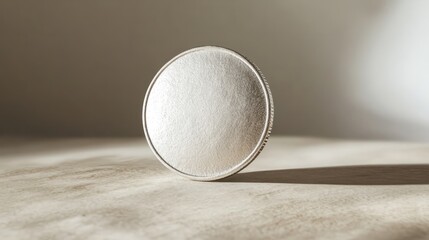 A soft-textured coin, completely blank, standing upright against a neutral backdrop
