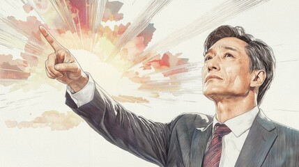 Determined Man in Suit Pointing Towards Bright Horizon  Hope  Future  Success