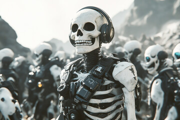 Fototapeta premium A skeleton in a space suit with headphones stands among other skeletons.