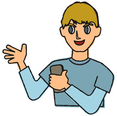 A young man holding a smartphone and talking