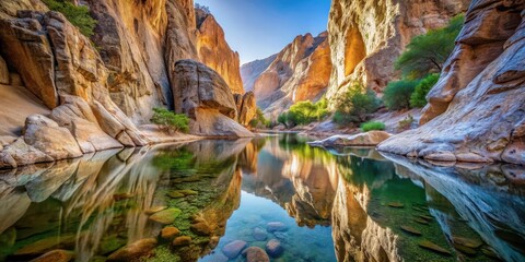 Ancient rock formations glisten with dew in a serene water hole setting at Glen Helen Gorge