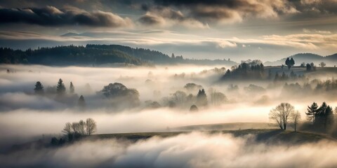 Naklejka premium Misty Landscape with Heavy Fog, overcast sky, dark background, overcast sky