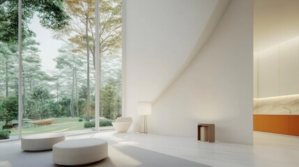 Modern Minimalist Living Room Design  Open Concept  Natural Light  Forest View