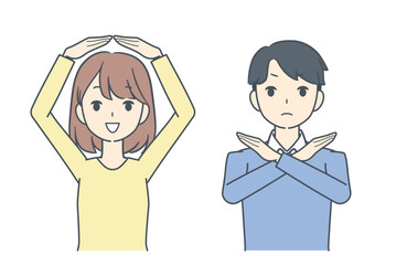 OKサインを出す女性,拒否のサインを出す男性