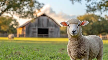 Naklejka premium Sheep in Field by Historic Barn