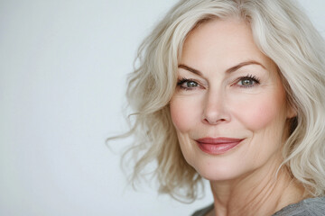 Naklejka premium Close-up portrait of a beautiful senior woman with grey hair and fair skin, isolated on a white background. Beauty cosmetic, skincare, facial treatment, wellness and healthy lifestyle concept. 