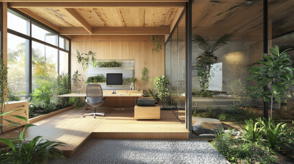 modern office space featuring sustainable design elements, abundant greenery, and natural light. serene environment promotes productivity and well being