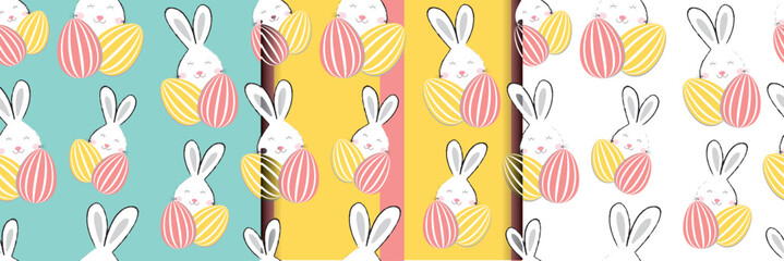 Seamless Easter bunny pattern with pastel-colored eggs on multiple background variations. A trendy and festive design, perfect for textiles, gift wraps, digital art, and spring-themed decor..eps