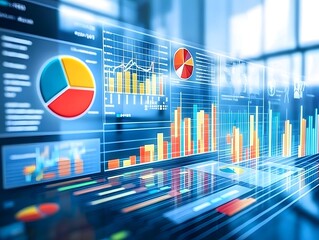 Futuristic data visualization dashboard displaying colorful graphs and charts in a modern office
