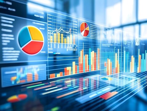 Futuristic data visualization dashboard displaying colorful graphs and charts in a modern office
