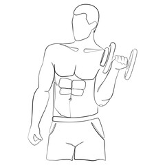 Athletic man with a sculpted torso uses dumbbells one line drawing on white isolated background