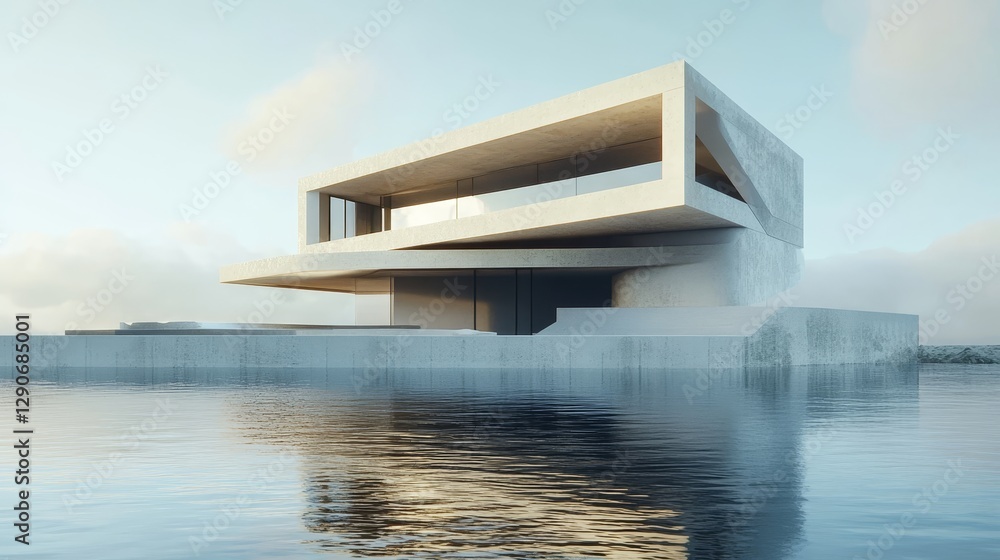 Poster modern architectural design featuring a multi-level structure with extensive glazing located on a mi