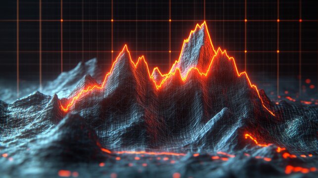 Glowing Peaks And Valleys, A Digital Render Of Glowing Peak Graphs Over Lava, Analytics