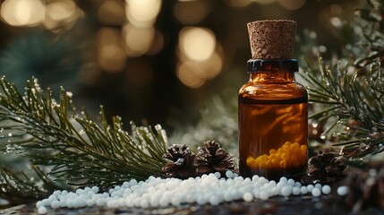 Amber Bottle Homeopathic Remedy Natural Herbal Medicine Winter Forest Pine Cones Background Alternative Healthcare Treatment Tiny White Pellets       