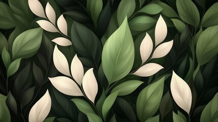 Obraz premium Lush Green and Cream Botanical Leaves Illustration Nature Background Foliage Pattern