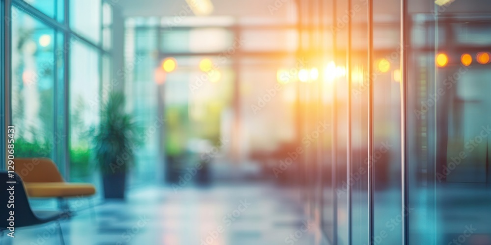 Poster blurred office interior background with panoramic windows and lighting, creating an atmosphere of a 