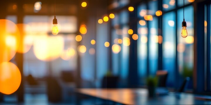 Blurred office interior background with panoramic windows and lighting, creating an atmosphere of a professional work environment.