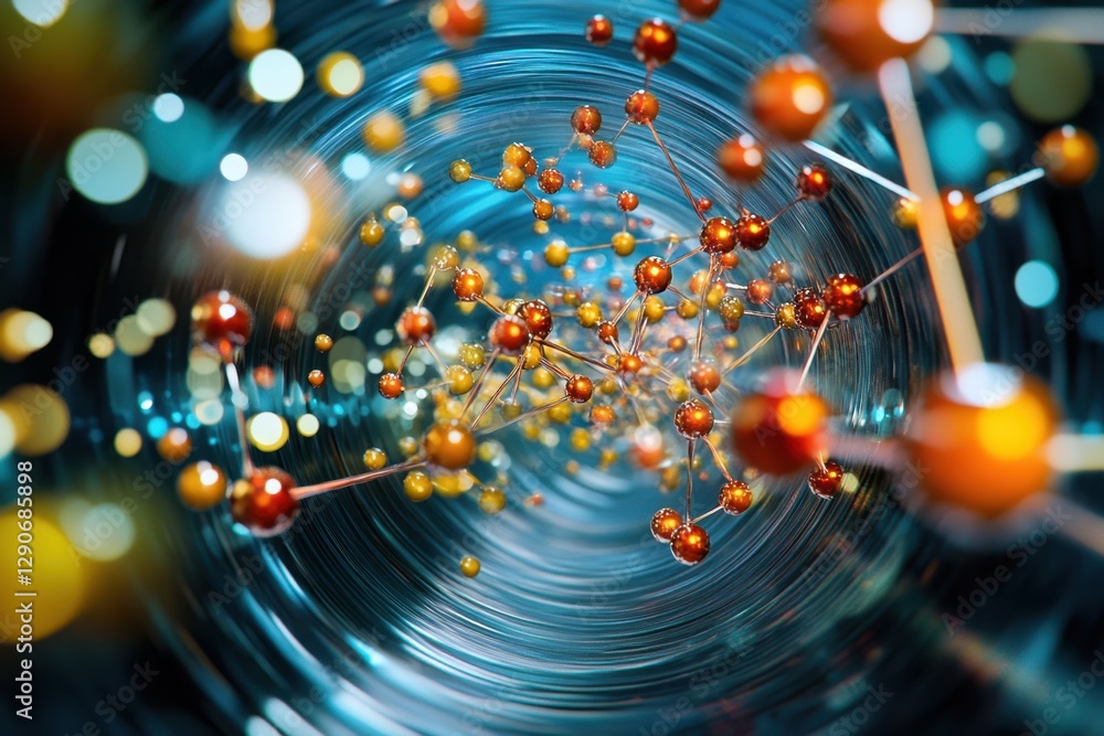 Poster particles swirl through a colorful tunnel representing molecular interaction in a science concept