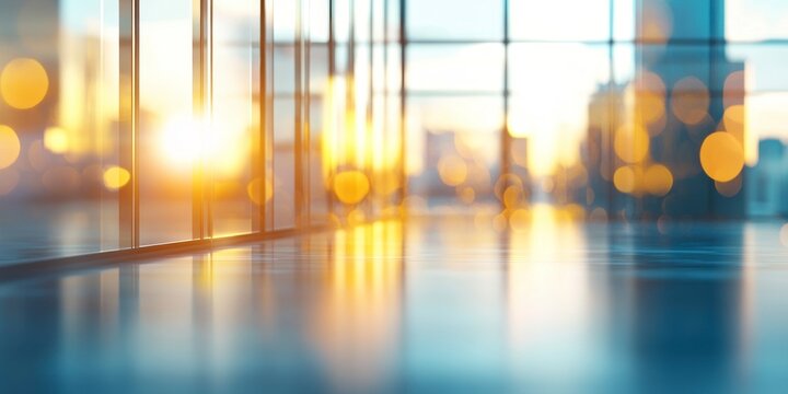 Blurred office interior background with panoramic windows and lighting, creating an atmosphere of a professional work environment.