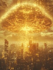 Fototapeta premium Dazzling Futuristic Cityscape Bursting with Cosmic Energy and Radiant Particles