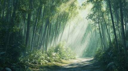 Obraz premium Sunlit Path Through Lush Bamboo Forest