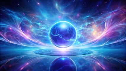 Glowing blue orb floating in mid-air surrounded by swirling energy fields and vibrant purple hues, emitting an otherworldly aura , astral plane, energy vortex