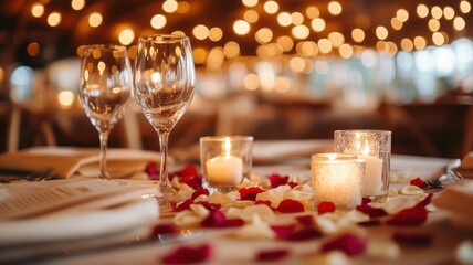 A romantic wedding table setting adorned with petals and elegant decor, creating a dreamy atmosphere for love.