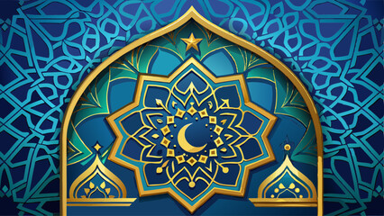Blue Islamic background with golden ornament border pattern and green color, ramadan background concept