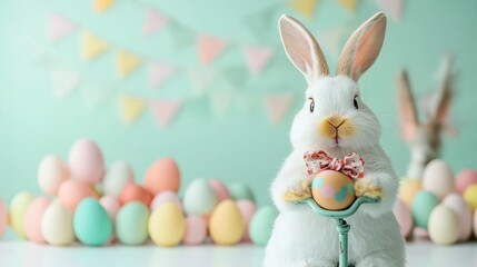 Fototapeta premium Adorable Easter Bunny on Bicycle with Egg