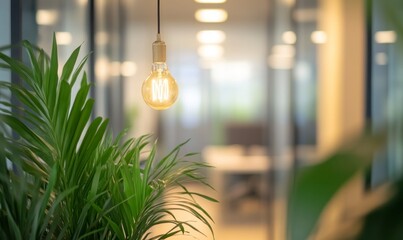 Fototapeta premium Blurred office space with glass walls and green plants in the foreground. The focus is on the blurred background of an empty conference room