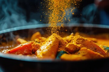 Close-up of vibrant turmeric powder being sprinkled over a bowl of delicious curry, enhancing flavors and color.